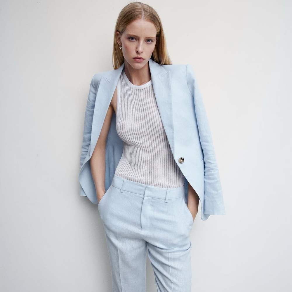 Mango Blue Blazer Linen Suit Jacket